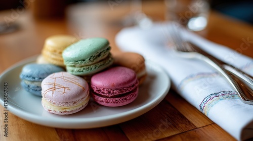 A plate of macaroons sits on a wooden table with a fork and napkin nearby