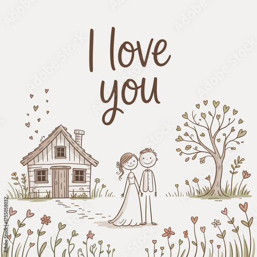 Love's Sweet Abode: An endearing illustration captures the tender moment of a newlywed couple standing hand-in-hand outside their cozy home, symbolizing love and shared life