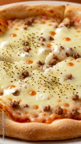 Freshly baked pizza with cheese and ground meat ready to be served