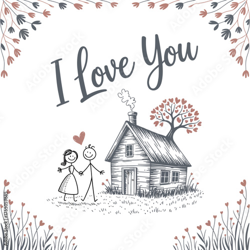 Love's Abode: A charming illustration depicts a couple hand-in-hand, approaching a quaint cottage beneath a tree laden with heart-shaped leaves, embodying a heartfelt declaration of I Love You.