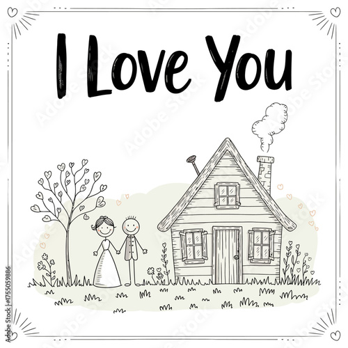 I Love You Sketch: A heartwarming sketch depicts the phrase I Love You above a couple standing outside a charming cottage, symbolizing love and togetherness.