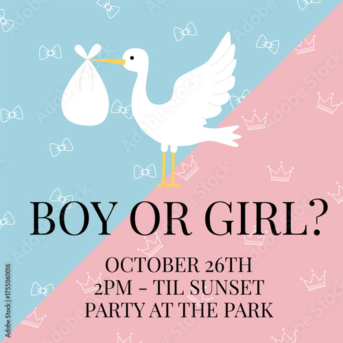 Baby gender reveal party invitation. Vector flat illustration suitable for cards, designs, flyers, posters, decor, banners, and websites.
