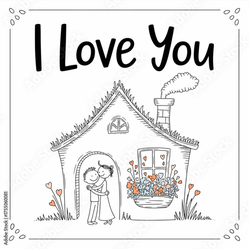 Love in the Home: A tender illustration depicting a couple embracing in front of their charming home, with a heartwarming message, expressing the love and warmth of a shared life.
