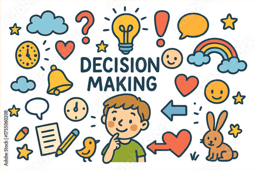 Decision Making Doodles. Decision Making. Colorful Hand-drawn doodle Children illustration child choosing, clock, light bulb, question mark, exclamation mark,