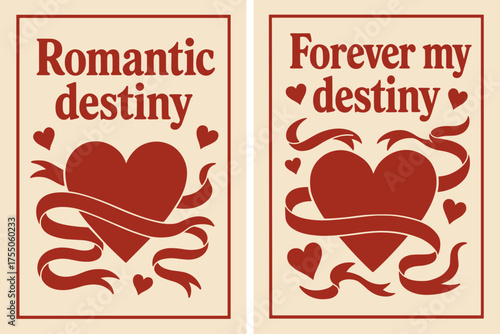 Romantic Banners Showcase. Romantic destiny. Two vertical A6 banners with safe margins, centered composition, no elements touching edges, retro, red and beige,