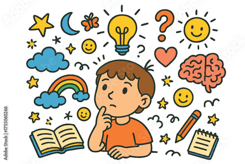 Child's Creative Mind. Profound Thought. Colorful Hand-drawn doodle Children illustration child thinking, light bulb, question mark, book, notebook, pencil,