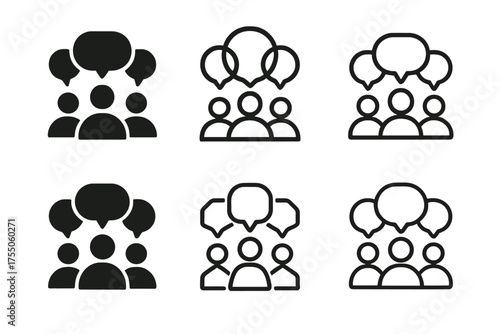 Crowdsourced Innovation Logos. Crowdsourced Innovation. Set Logo of Crowdsourced Innovation: group of people with speech bubbles. harmonious logo variations of