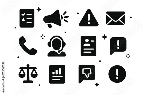 Consumer Complaints Icons. Consumer Complaints. Solid icons set of Consumer Complaints: complaint form, megaphone, exclamation mark, email, phone, customer