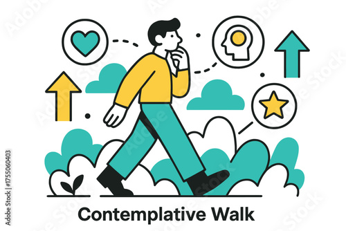 Reflective Journey. Contemplative Walk. Person walking through abstract landscape with floating icons representing values, arrows indicating growth and