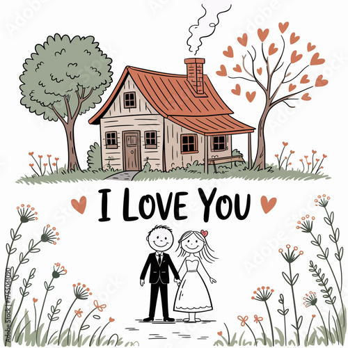 Love's Haven: A heartwarming illustration depicts a couple standing hand-in-hand before their cozy home. Surrounded by heart-shaped trees and flowers, a testament to love and togetherness.