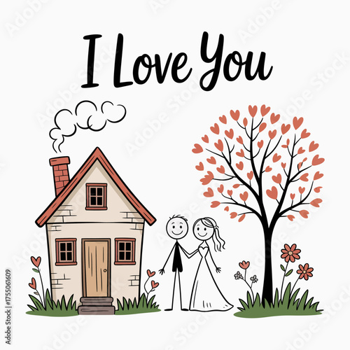 Love's Abode: A heart-warming illustration of a couple standing hand-in-hand in front of their dream home, symbolizing love, togetherness, and the promise of a shared future. 