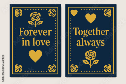 Navy Gold Love Banners. Forever in love. Two vertical A6 banners with safe margins, centered composition, no elements touching edges, bold, navy and gold,