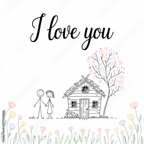 Eternal Affection: A heartwarming drawing expressing love with I love you alongside a cozy home, couple, and blossoming tree filled with hearts.