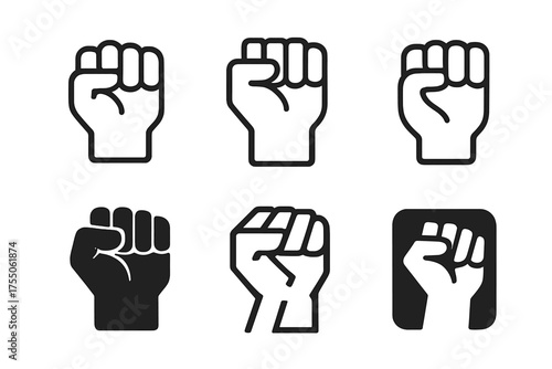 Anger Logo Variations. Anger. Set Logo of Anger: clenched fist icon. harmonious logo variations of the same emblematic concept, each with different artistic