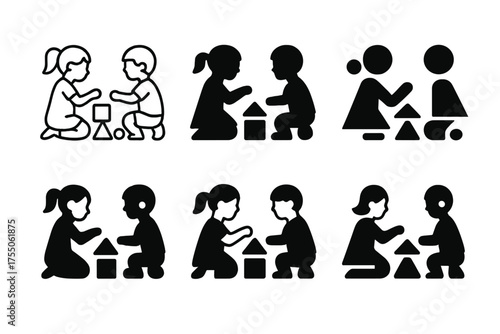 Children's Playful Logo Designs. Everyday Life with Children (Learning, Playing, Growing). Set Logo of Everyday Life with Children: kids playing with toys.
