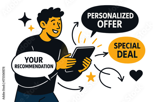 Dynamic Personalized Marketing. Personalization. Glowing marketer holding tablet with dynamic personalized ad bubbles floating around, each with unique text.