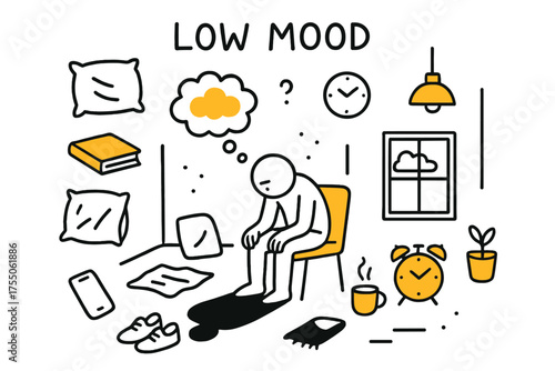 Contemplative Mood Doodle. Low Mood. Hand-drawn doodle illustration Person, head down, staring at floor, hunched posture, shadow, chair, thought bubble, hands
