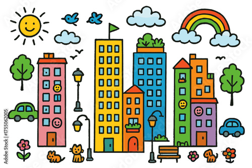 Colorful City Doodle. City Towers. Colorful Hand-drawn doodle Children illustration skyscrapers, apartment windows, balconies, rooftop gardens, clouds, sun,