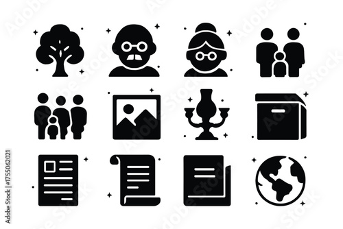 Lineage Icons Grid. Lineage & Heritage. Solid icons set of Lineage & Heritage: tree, ancestor, grandparent, parent, child, family members, photo, heirloom,
