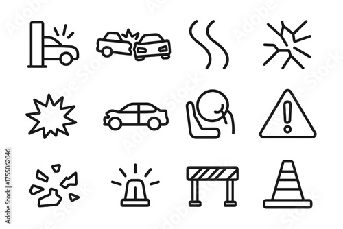 Traffic Accident Icons. Traffic accident. Line icon set of Traffic accident: car crash, two cars, skid marks, broken glass, impact explosion, crumpled vehicle,