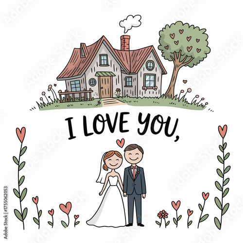 Love and Home: A charming illustration of a couple in love, standing before a cozy house, the words I Love You, expressed. A heartwarming scene with the promise of forever.