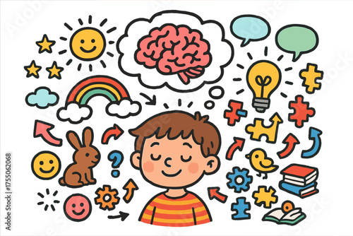 Imaginative Children's Doodles. Imaginative Mind. Colorful Hand-drawn doodle Children illustration child imagining, thought bubbles, light bulb, puzzle pieces,