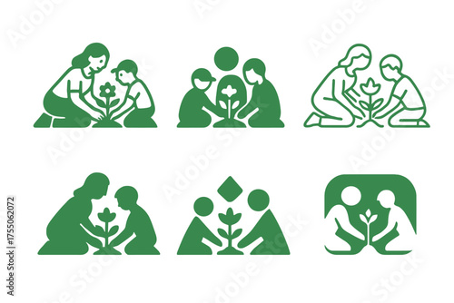 Garden Family Logos. Family in the Garden. Set Logo of Family in the Garden: family planting flowers together. harmonious logo variations of the same