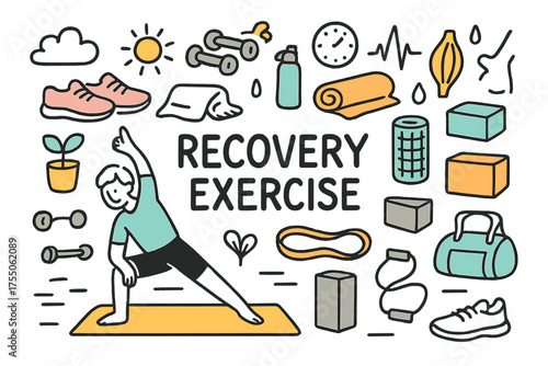 Recovery Exercise Essentials. Recovery Exercise. Hand-drawn doodle illustration Person, stretching, yoga mat, dumbbells, water bottle, towel, sneakers,