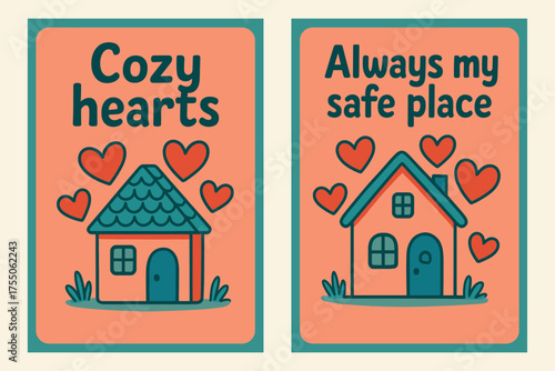 Cozy Hearts Banners. Cozy hearts. Two vertical A6 banners with safe margins, centered composition, no elements touching edges, cartoon, coral and teal, cute
