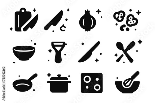 Kitchen Icon Set. Kitchen Prep. Solid icons set of Kitchen Prep: chopping board, knife, onion, sliced vegetables, bowl, peeler, cutting knife, spoon, pan, pot,
