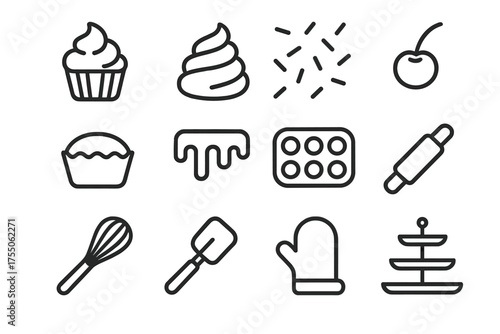Sweet Treat Icon Set. Sweet treats. Line icon set of Sweet treats: cupcake, frosting swirl, sprinkles, cherry on top, muffin liner, chocolate drizzle, cupcake