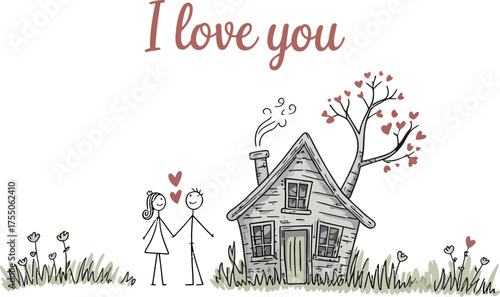 Love's Abode: Hand-drawn illustration of a couple holding hands, standing outside a cozy home and tree in an emotional moment. expressing affection and commitment