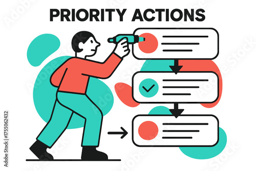 Priority Task Sequence. Priority Actions. Person highlighting abstract floating tasks in order of priority, geometric arrows showing sequence, focused action