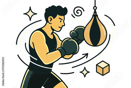 Dynamic Speed Bag Practice. Speed bag practice. Glowing athlete rhythmically punching a speed bag, motion lines circling around. Floating icons of sparkle,