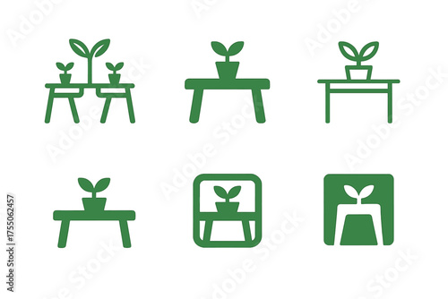 Green Design Logos. Coworking Spaces with Green Design. Set Logo of Coworking Spaces with Green Design: desks with potted plants icon. harmonious