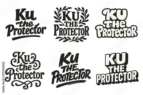 Creative Lettering Grid. Ku the Protector. Set lettering. harmonious lettering variations of the same emblematic concept (Bold hand-lettering with playful