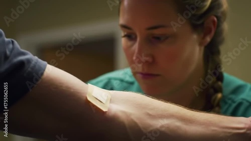 A female healthcare professional in green scrubs carefully applies a medical patch to a patient's arm.