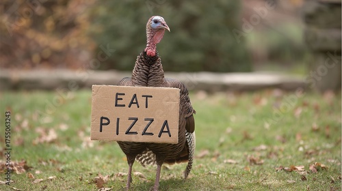 Hilarious turkey promoting pizza over Thanksgiving dinner with a sign in a grassy yard, a funny and quirky alternative holiday concept
