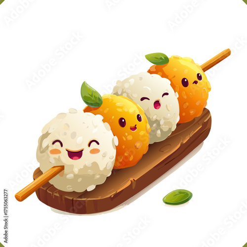 Vector illustration of colorful Japanese dango skewers with sweet sauce, seeds and citrus, traditional dessert snack, isolated on a white background