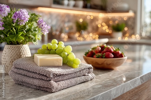 Wallpaper Mural Grapes and strawberries in the kitchen near a towel. Generative AI Torontodigital.ca