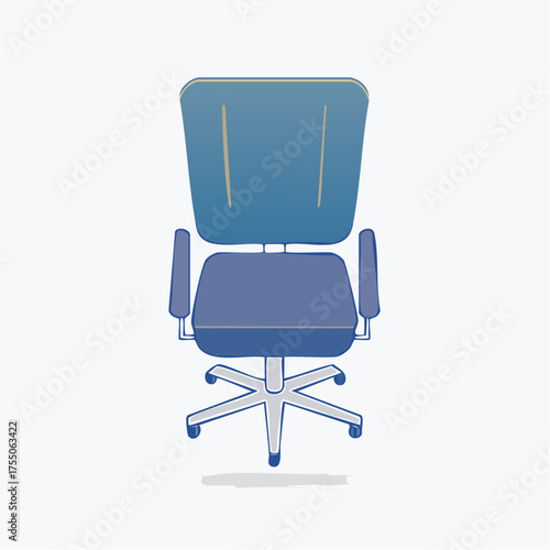 A detailed illustration of a modern blue office chair with armrests and a wheeled base.