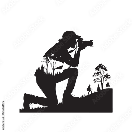 Silhouette of a photographer kneeling in nature with a landscape inside the silhouette Keywords: photographer, camera, kneeling, nature, landscape, trees, forest, silhouette, photography, outdoor