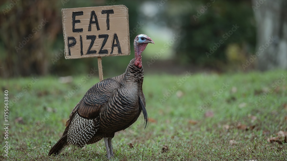 Fototapeta premium Funny turkey holding an Eat Pizza sign in outdoor setting promoting alternative Thanksgiving meal ideas offering a humorous holiday twist