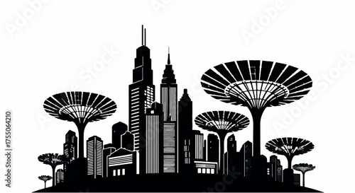 Futuristic cityscape with soaring skyscrapers and innovative green structures under a bright sky.