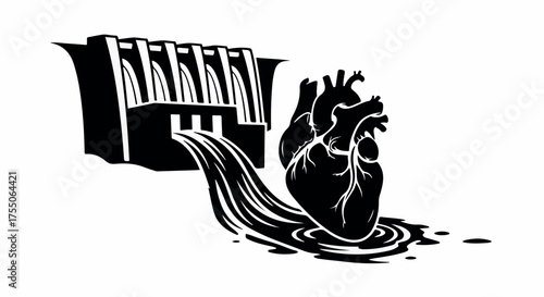Symbolic illustration of a large dam releasing water onto a human heart, representing emotional flow or pressure.