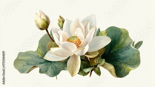 A stunning lotus flower opens among green leaves and buds highlighting its delicate petals and serene presence in a peaceful environment. Natures beauty displays calm and harmony.