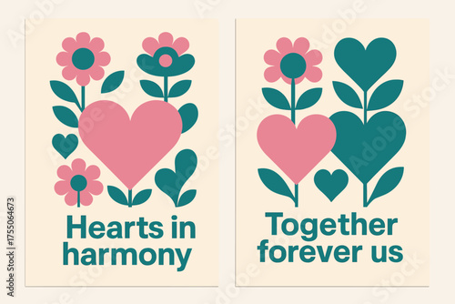 Hearts and Flowers Harmony. Hearts in harmony. Two vertical A6 banners with safe margins, centered composition, no elements touching edges, bauhaus, pink and