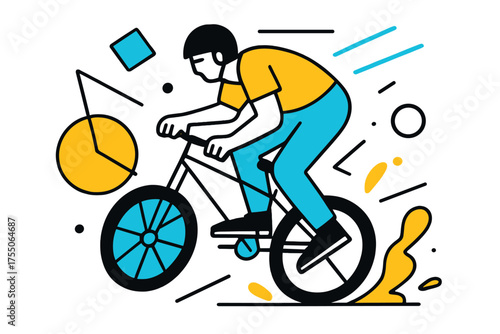 Dynamic Aerial Stunt. Aerial Stunt. Rider performing abstract geometric mid-air trick, floating motion lines and dynamic dust shapes, energetic freestyle