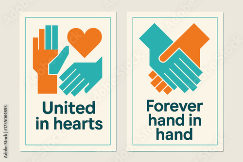 Abstract Hands and Hearts. United in hearts. Two vertical A6 banners with safe margins, centered composition, no elements touching edges, geometric, turquoise