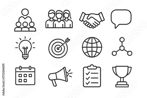 Leadership Equality Icons. Leadership equality. Line icon set of Leadership equality: leader figure, team of diverse people, handshake, speech bubble, light